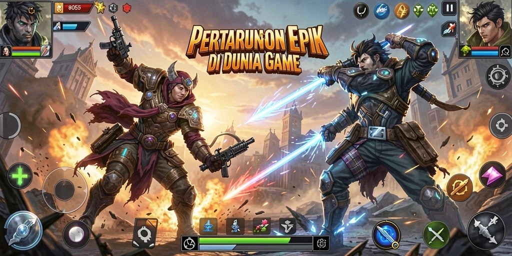 Screenshot gameplay 8055 menunjukkan pertarungan seru antara karakter dengan efek visual dramatis.