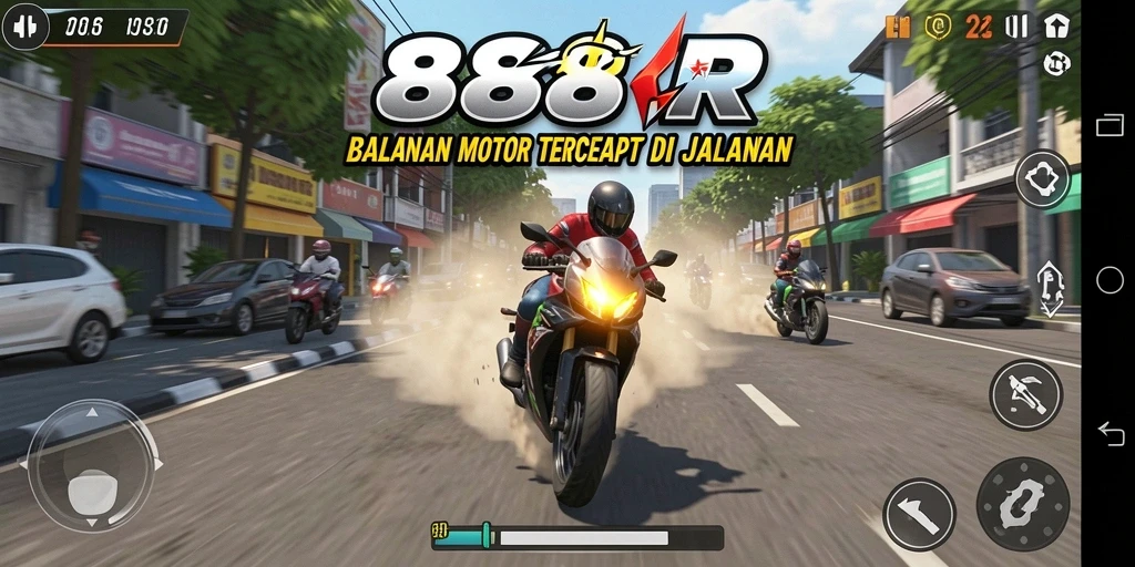 Screenshot gameplay 888R menampilkan aksi balapan motor yang seru.