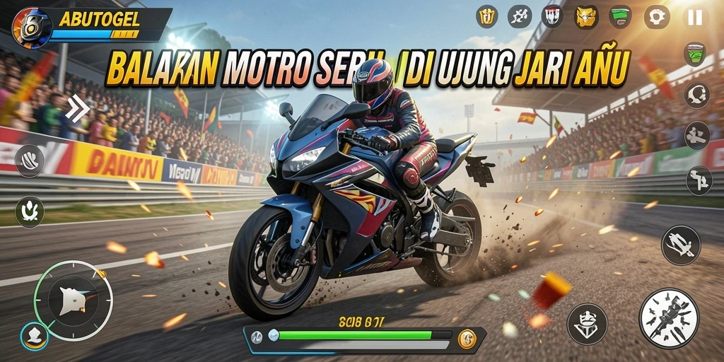Tampilan gameplay seru ABUTOGEL dalam balapan motor yang mendebarkan.