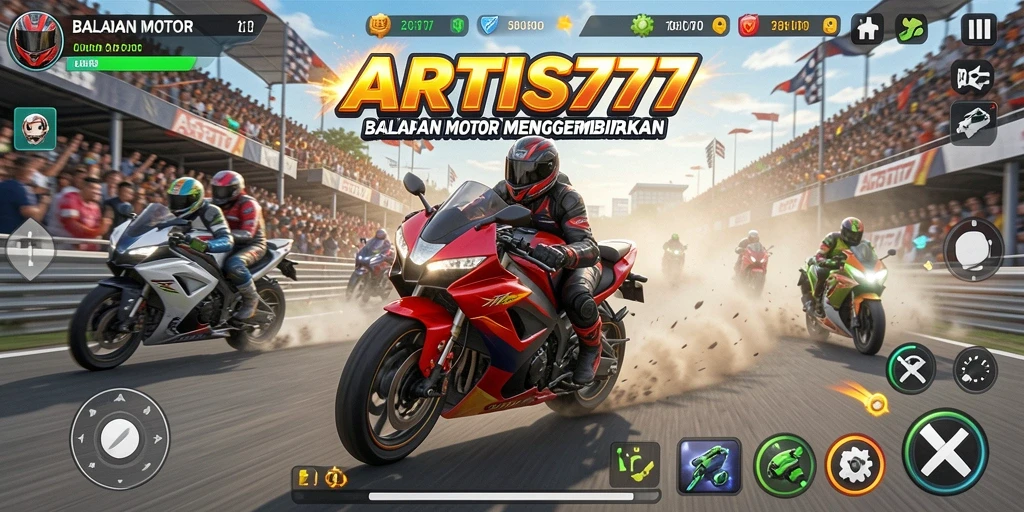 Tampilan gameplay seru di ARTIS777 saat balapan motor di jalanan.