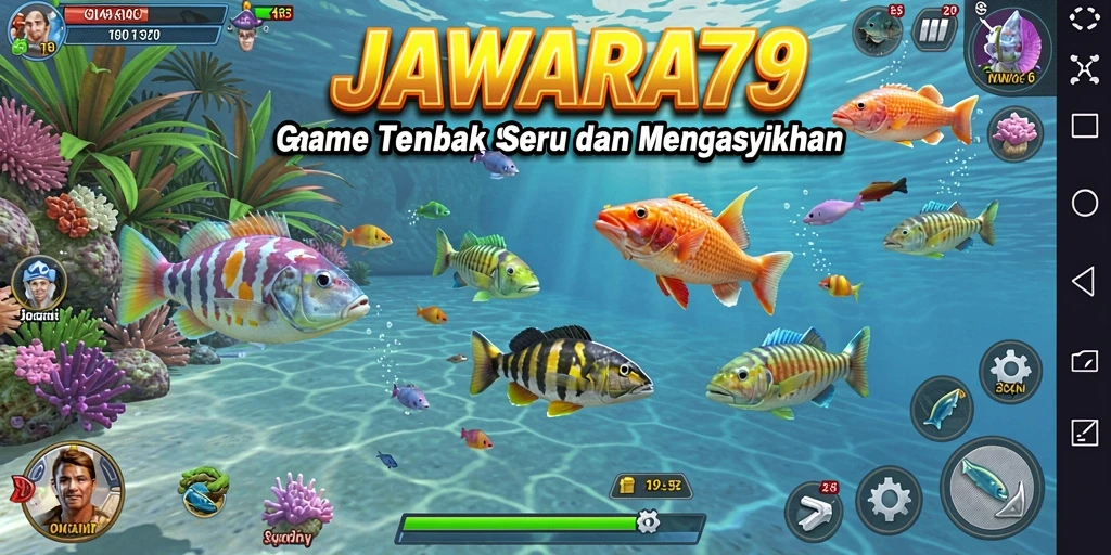 Screenshot gameplay JAWARA79 dengan ikan berwarna-warni.