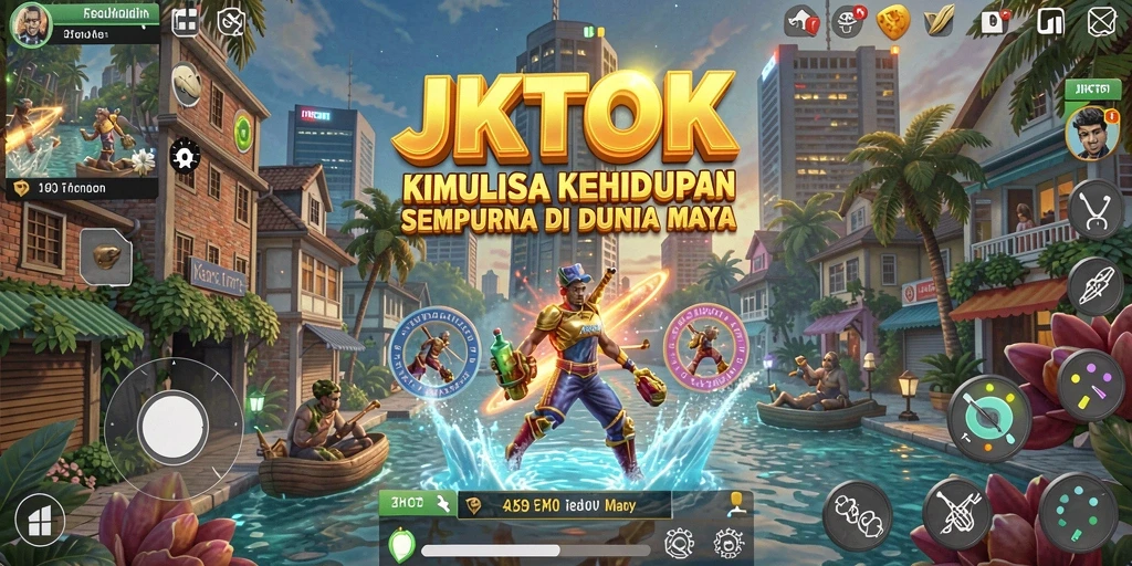Tangkapan layar JKTOK menunjukkan karakter menjelajahi dunia maya yang interaktif.