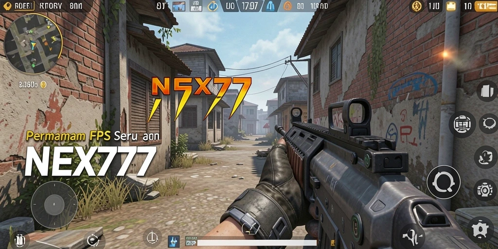 Tangkapan layar utama NEX777 menampilkan aksi FPS yang intens.