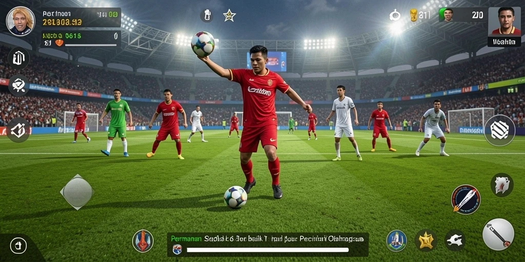 Screenshot menunjukkan adegan pertandingan sepak bola yang menegangkan.