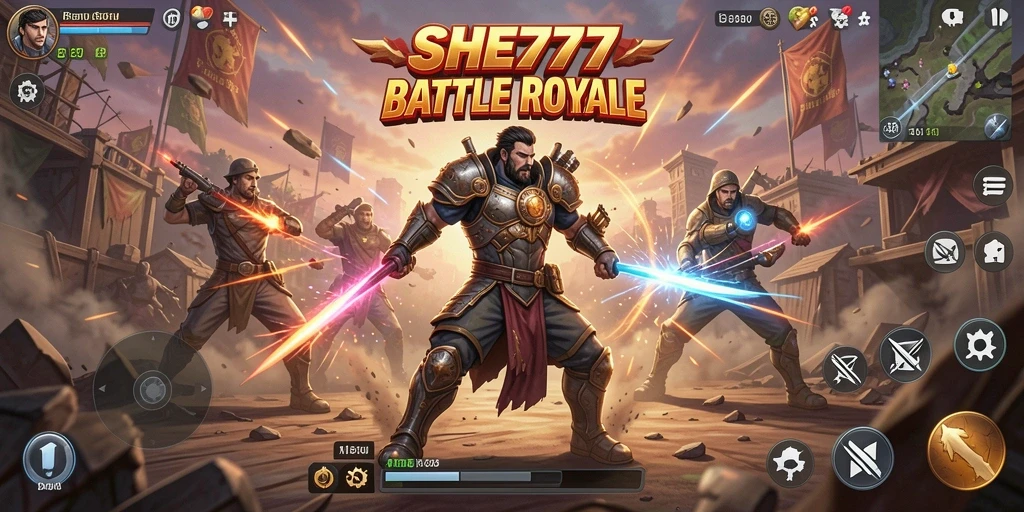 Tampilan gameplay mendebarkan dari SHE777 dalam pertempuran Battle Royale.