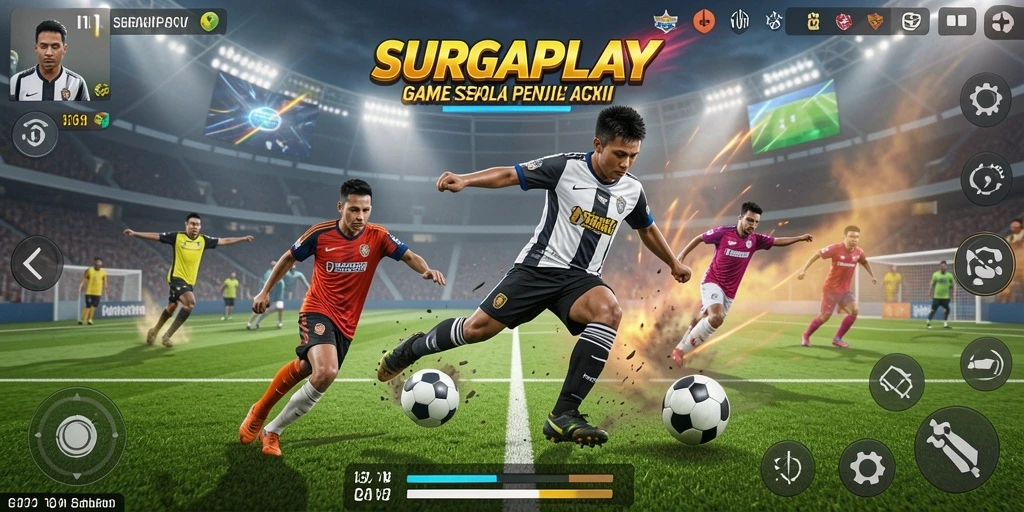 Tampilan SERU dari gameplay SURGAPLAY dengan aksi sepak bola yang intens.