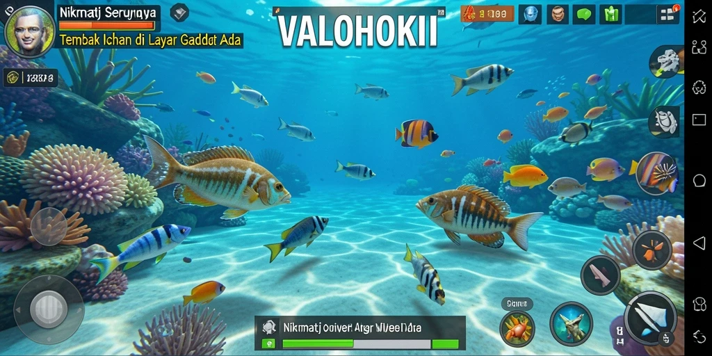 Tampilan gameplay VALOHOKI dengan ikan yang berwarna-warni dan senjata yang beragam.